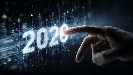 Future forward finger touches glowing 2026 digital interface with rising data charts, symbolizing innovation and growth