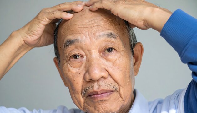 Close-up of an elderly Asian man with hands on his head, looking directly at the viewer with a neutral expression