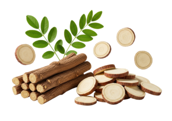 Carefully arranged licorice root sticks, dried pale slices, and vibrant fresh green sprig on a seamless transparent background, soft studio lighting. Concept of natural herbal medicine