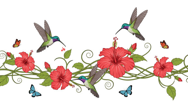 Seamless horizontal border design featuring beautiful hummingbirds and butterflies flying among red hibiscus flowers and lush green twisting vines.