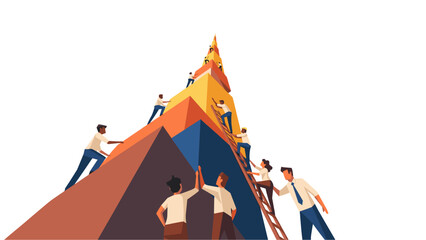 Diverse business team collaborating to climb a complex, abstract geometric mountain, symbolizing collective effort and achievement towards a common goal.