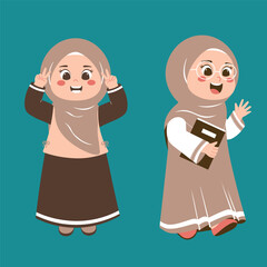 Two cheerful cartoon Muslim girls in hijabs, one making a peace sign, the other holding a book.