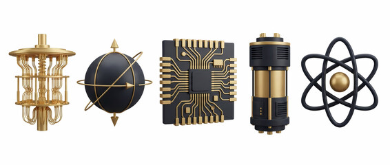 Collection of Elegant 3D Science and Technology Icons in Gold and Black Representing Innovation, Research, and Modern Scientific Concepts