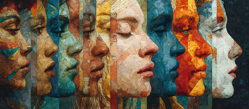 Diverse faces and profiles of different races ethnicities and identities forming a vibrant colorful mosaic that symbolizes inclusion representation and the of our shared humanity