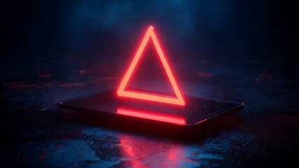 Vibrant neon triangle glows intensely, casting futuristic red light on a dark, wet surface, embodying digital innovation and abstract concepts.