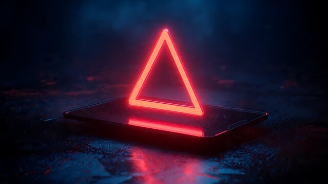 Vibrant neon triangle glows intensely, casting futuristic red light on a dark, wet surface, embodying digital innovation and abstract concepts. - Powered by Adobe