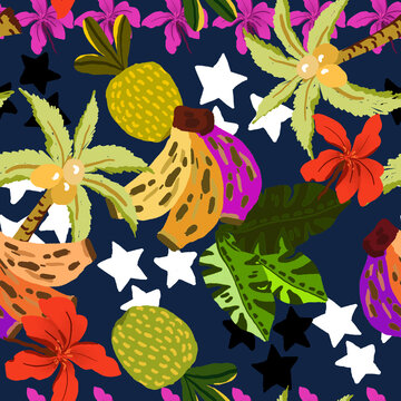 Seamless all-over print with Brazilian tropical elements. Flower, star, vibrant colors, pineapple, banana.