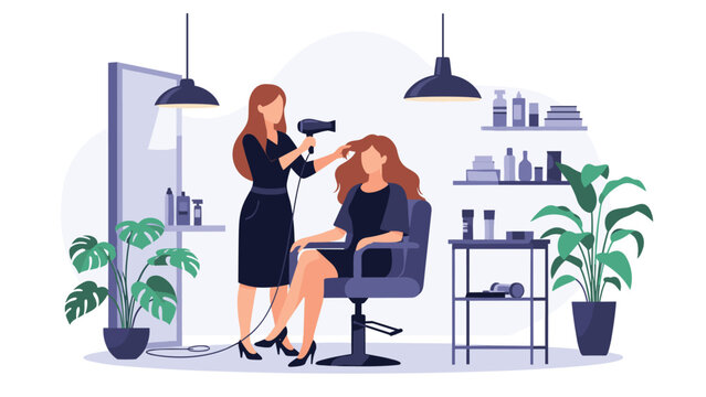 Female hairdresser blow-drying a client's hair in a modern, stylish beauty salon decorated with mirrors, shelves of products, and green plants.
