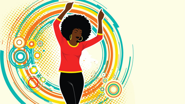 Happy African American woman with a large afro hairstyle dancing joyfully against a vibrant, retro-style background of colorful concentric circles.