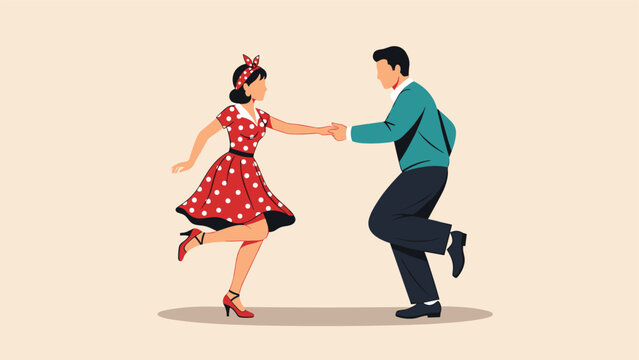 Happy young couple dressed in vintage 1950s rock and roll attire, smiling and dancing the swing or lindy hop together with joyful energy.