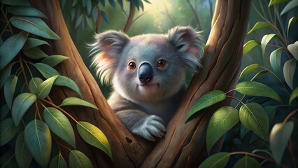 A koala bear snuggled in a cozy tree nook, munching on eucalyptus leaves