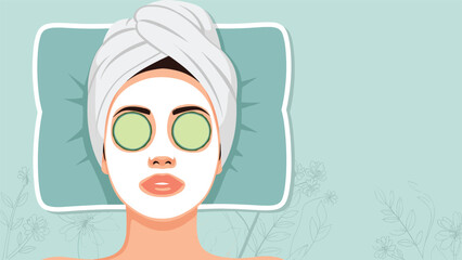 Top-down view of a woman with a towel on her head relaxing with a facial mask and cucumber slices on her eyes, enjoying a spa beauty treatment.