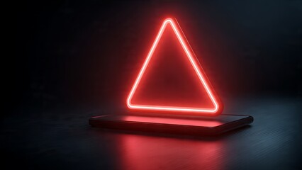 Striking neon red triangle illuminates dark modern stage, creating urgent warning or alert for digital innovation and alerts