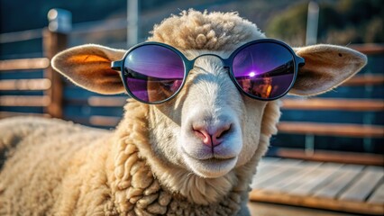 A fashionable and adorable sheep dons trendy purple sunglasses to add a pop of color to its rustic landscape