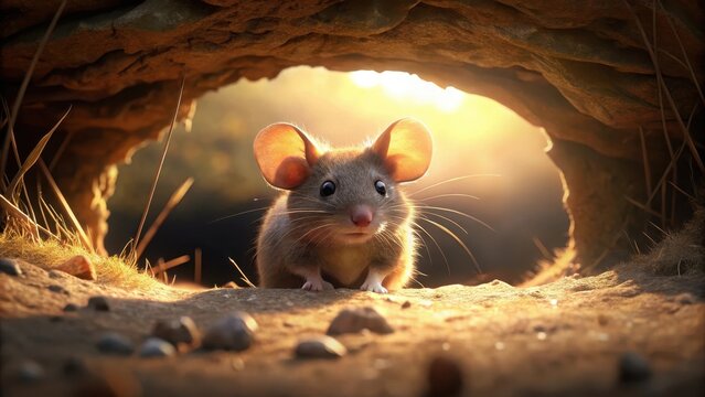 A tiny brown mouse cautiously emerges from its underground home, blinking in the bright sunlight