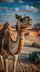 Majestic dromedary camel roams the vast expanse of Rub alKhali desert in the United Arab Emirates