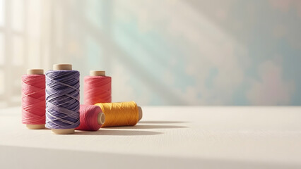 Colorful spools of sewing thread on a table for crafts, tailoring, and hobby background