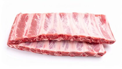 Raw pork ribs slab with visible bone, isolated on pure white background