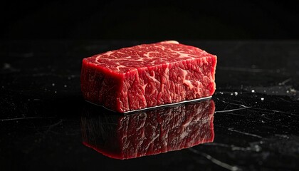 Raw red meat on a reflective black surface viewed from a slight angle