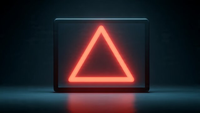 Dynamic neon triangle glows intensely on dark digital screen, symbolizing warning and data - Powered by Adobe