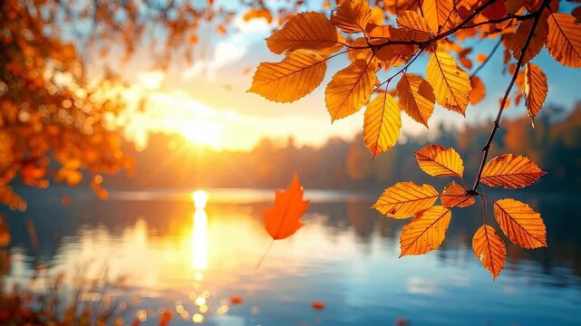 Golden autumn leaves frame a serene lake at sunset, creating a picturesque scene.