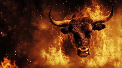 Dark banner of a Red Bull animal concept on a fire background with space for text representing a bullish run and rodeo activity focused on strength and intensity