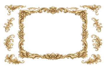Gold ornate frame corners and decorative scroll elements in a baroque and rococo style. Detailed vintage design on transparent background