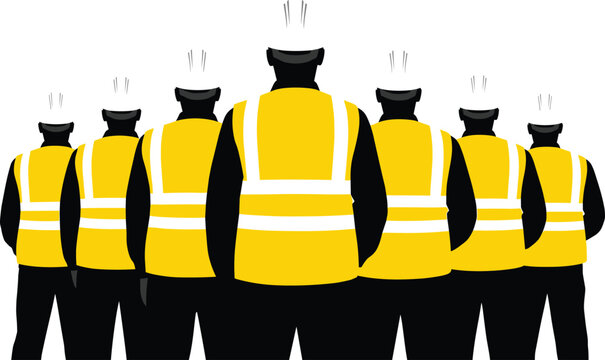 Group of construction workers silhouettes wearing yellow reflective safety vests and white hard hats standing in a line back view,