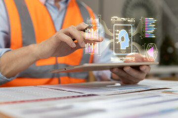 Engineer using tablet with artificial intelligence dashboard and digital analytics interface. Smart construction technology, data visualization, innovation, business intelligence, and modern industry 