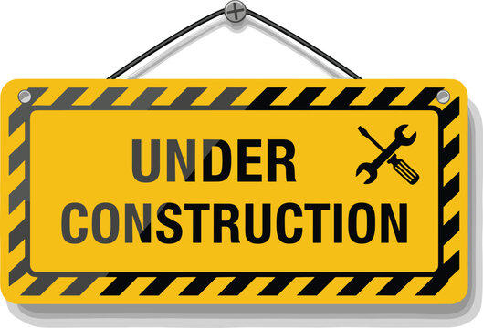 Set of yellow under construction signs with black stripes, gear icons, and hanging chains for website maintenance and safety warning.