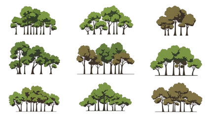 Set of nine diverse cartoon illustrations of forest trees