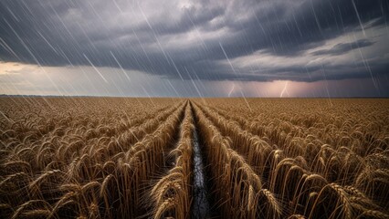 Golden wheat field during intense thunderstorm with heavy rain and lightning