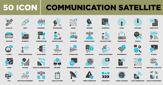 Communication Satellite Icon Set Glyph Blue