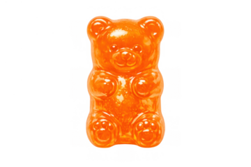 Orange gummy bear candy isolated on transparent background, offering sweet taste and cheerful snack