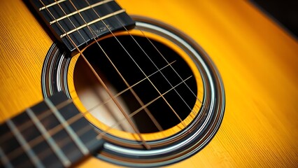 headstock. A detailed close-up of an acoustic guitar, focusing on its wooden texture and artistic craftsmanship. tutorial guides, club newsletters, designed for sports & leisure club marketing.