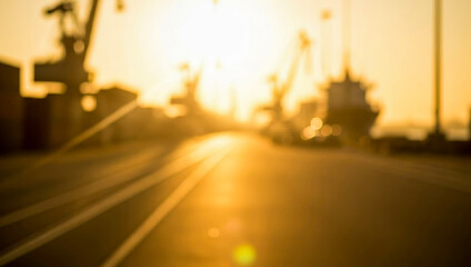 Golden sunlight bathes the harbor, creating a serene atmosphere. Silhouetted cranes and ships add to the industrial charm while capturing the essence of early morning.