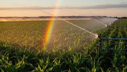Rainbow over irrigated cornfield with sprinklers at sunset