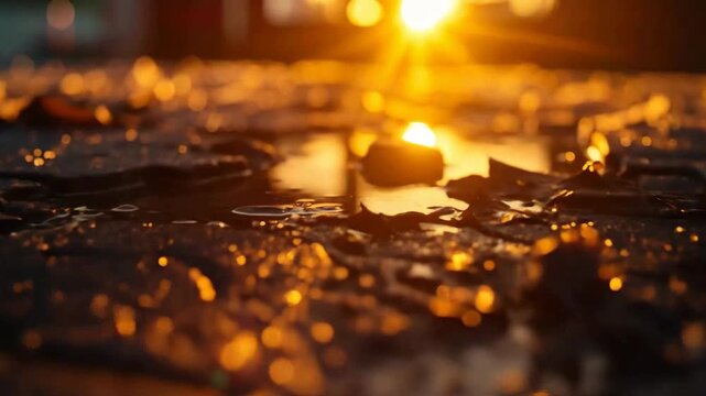 Golden sunlight reflecting on wet cobblestone pavement, creating a warm and inviting atmosphere.