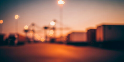 Softly focused image showcasing a cargo port during twilight. Trucks and cranes are illuminated by artificial lights, creating a serene yet industrial atmosphere.