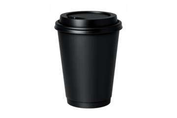 Black paper coffee cup with lid, disposable takeaway mug for hot beverage promoting branding mockup concept