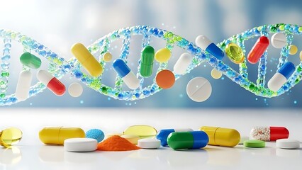 Colorful pharmaceutical pills and capsules around a DNA helix model