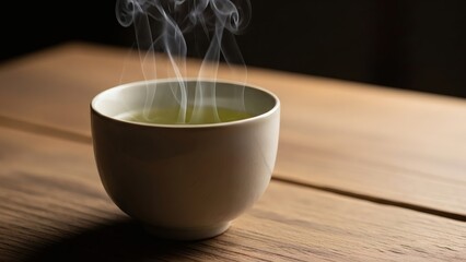 Photorealistic Image of a Cup of Hot Green Tea, Translucent Green Color with Light Steam, Ceramic Cup on Wooden Table