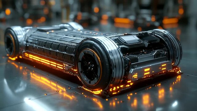 Futuristic vehicle design with glowing elements in workshop