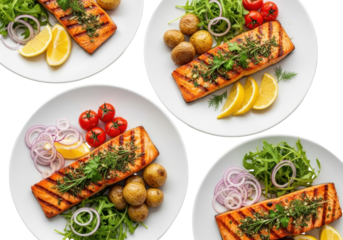Four grilled salmon fillets, golden crust, charred marks, fresh rosemary, dill, parsley, lemon, roasted baby potatoes, arugula, red onion, cherry tomatoes on a transparent background. Concept of