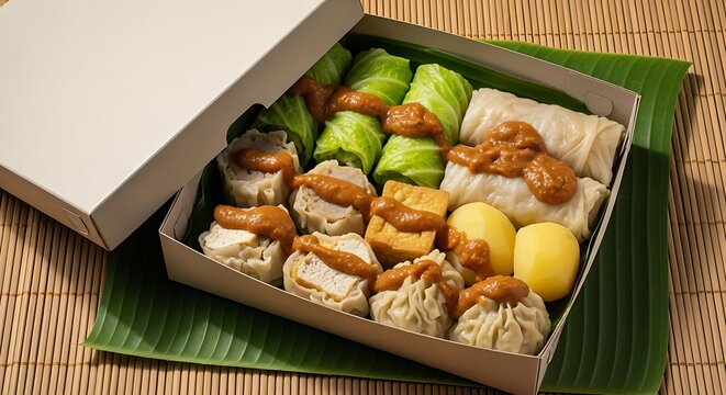 A close-up shot of a beautifully arranged box of delicious Indonesian siomay with peanut sauce, served on a banana leaf