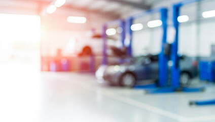This image showcases a blurred view of an automotive repair shop, featuring car lifts and vehicles. The setting suggests a dynamic space for vehicle maintenance and servicing.