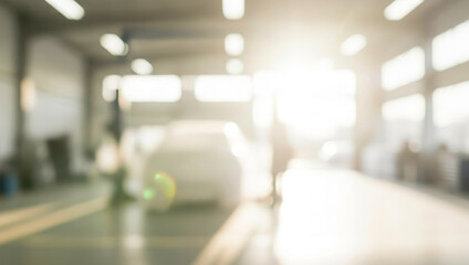 Sunlight streams through a garage workshop, creating a warm and inviting atmosphere. The scene features blurred outlines of cars and workers engaged in their tasks.