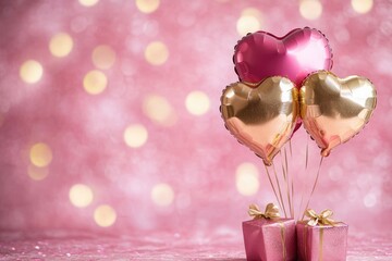 Pink and golden foil balloons and a gift box on festive bokeh background with copy space. St. Valentine's day love, romance and passion concept