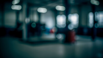 An abstract depiction of a blurred interior space, possibly a workshop or garage. The soft focus creates a sense of movement and mystery within the environment.