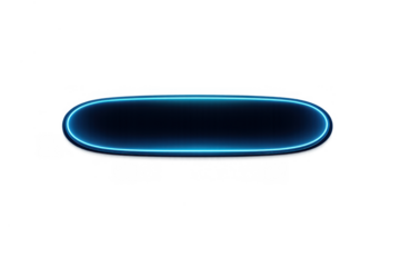 Glowing blue neon button with light frame effect. Futuristic dark oval banner. Empty shiny user interface element isolated